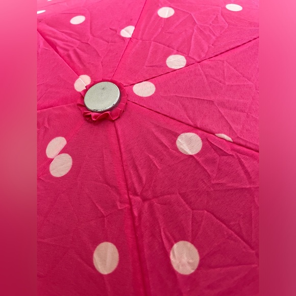☂️ ☀️ Vintage Pink Ruffle Trim Polka Dot Compact Umbrella - Picture 8 of 9